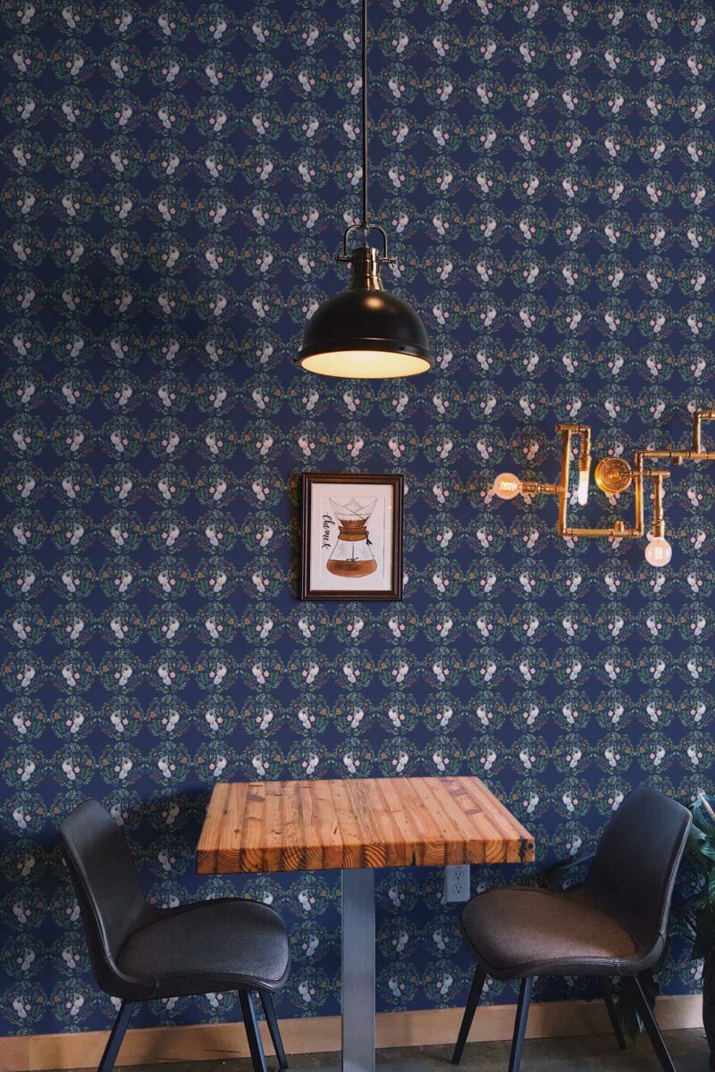 Traditional wallpaper with a blue Christmas birdie twist from Fancy Walls