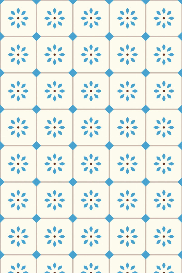 Pattern repeat of Blue Floral Tiles removable wallpaper design