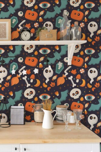 Light farmhouse style kitchen decorated with Blue Fright peel and stick wallpaper
