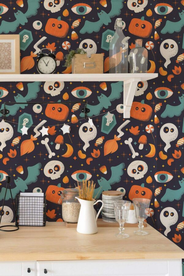 Light farmhouse style kitchen decorated with Blue Fright peel and stick wallpaper