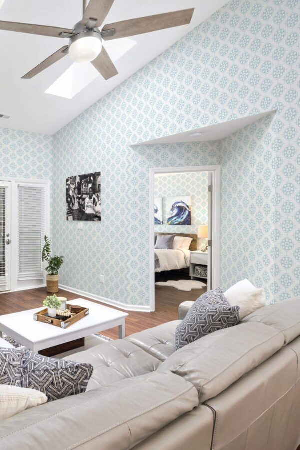 Coastal scandinavian style living room and bedroom decorated with Blue geometric peel and stick wallpaper