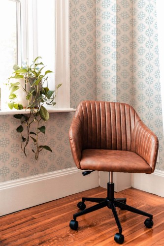 Mid-century modern style living room decorated with Blue geometric peel and stick wallpaper