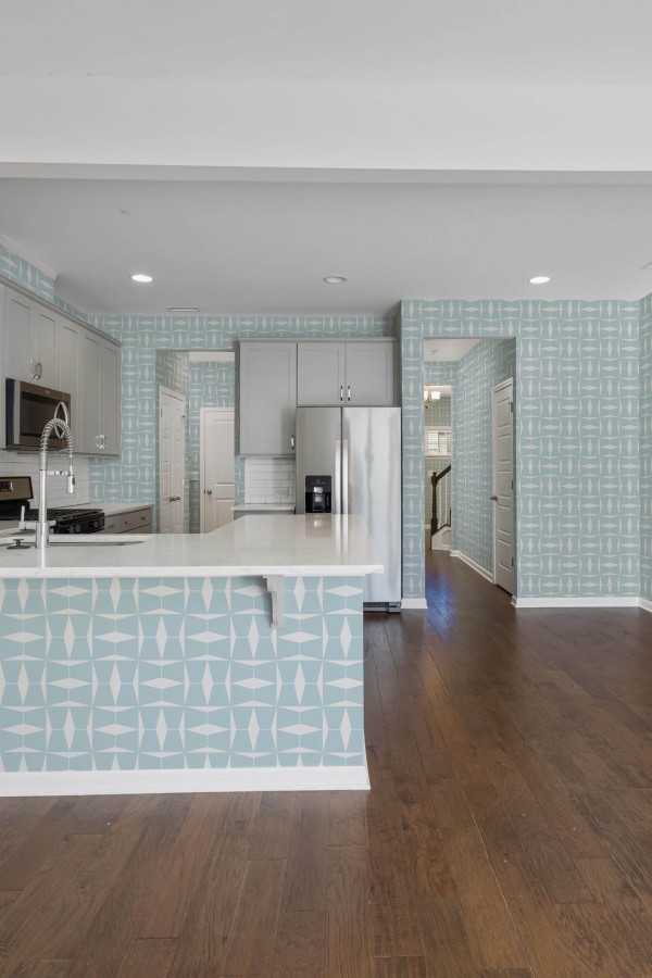 Minimal scandinavian style kitchen decorated with Blue geometric square peel and stick wallpaper