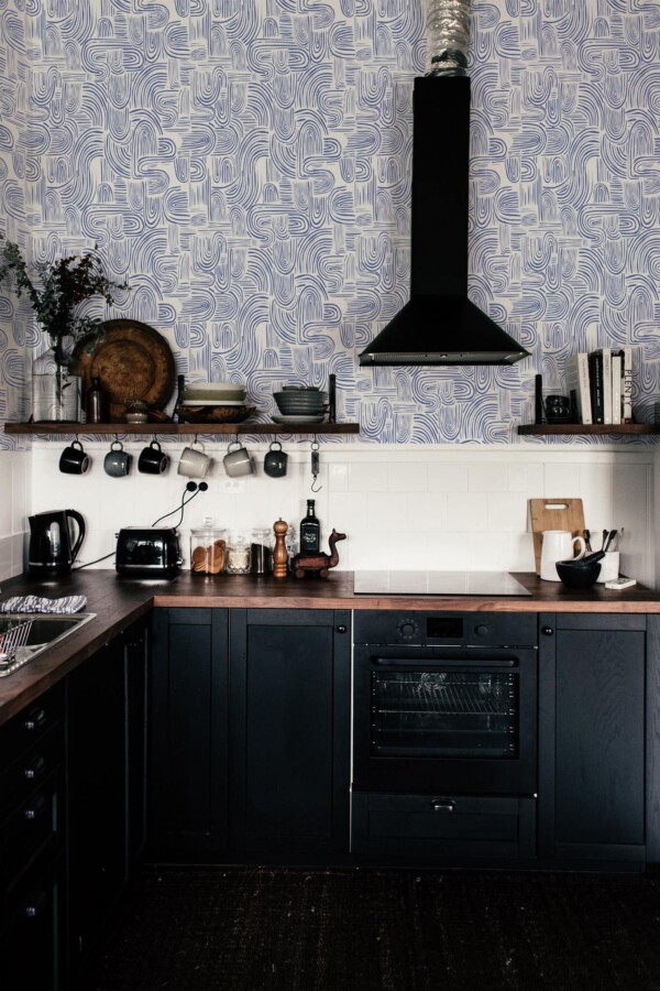 Dark industrial style kitchen decorated with Blue ink peel and stick wallpaper