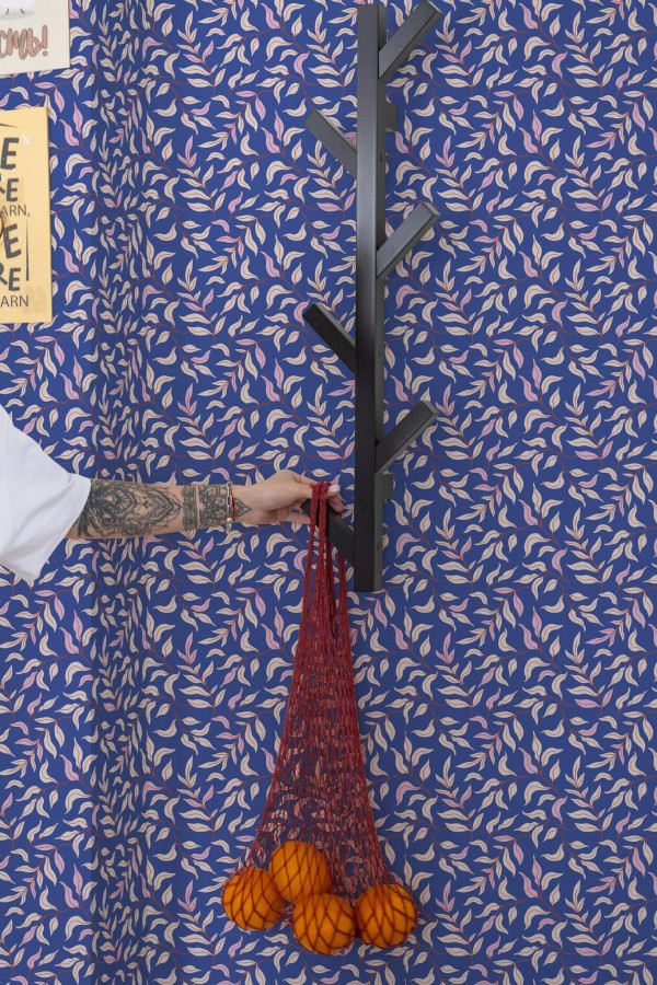 Scandinavian style kitchen decorated with Blue leaf peel and stick wallpaper