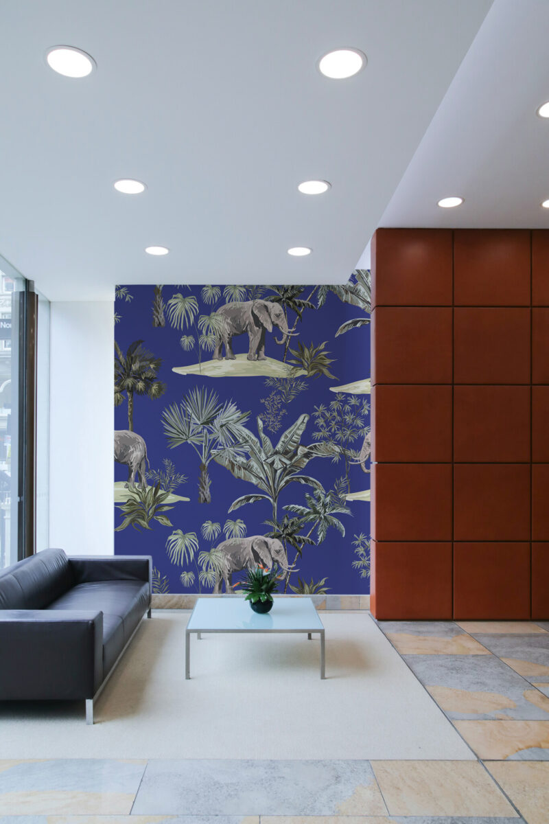 Tropical Night Wall Mural with elephants and lush green tropical plants on a dark blue background, perfect for offices, workspaces, or dramatic accent walls.