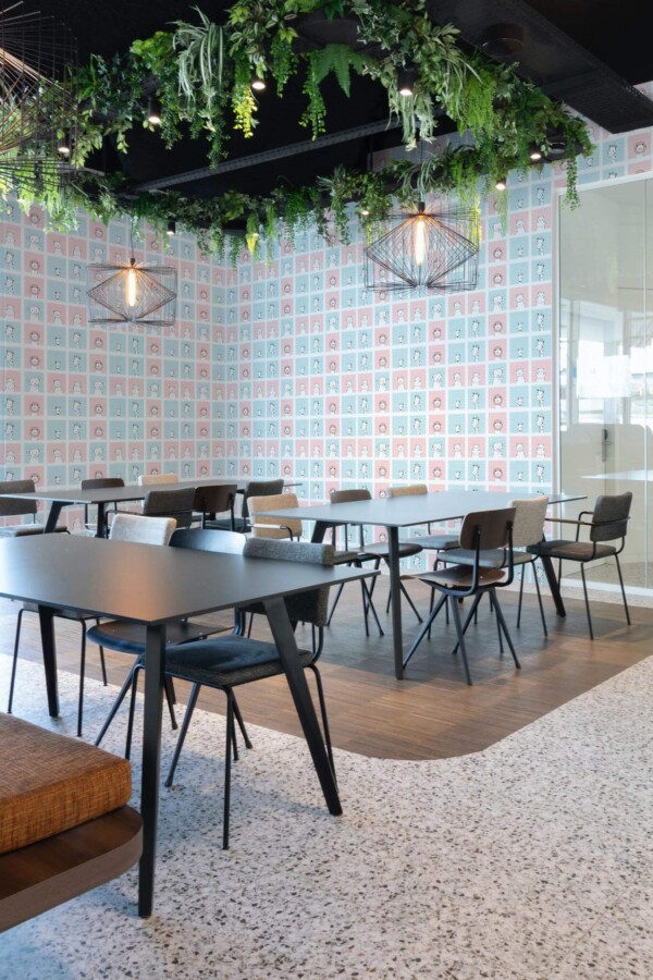 Modern style cafe decorated with Blue pink animals peel and stick wallpaper