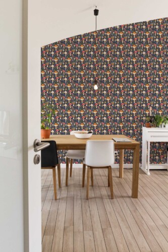 Dining room featuring a bold Scandinavian-inspired mushroom wallpaper with vibrant oranges, yellows, and blues on a deep charcoal background, complemented by minimalist Nordic décor including light wooden flooring, a sleek dining table, and modern pendant lighting for a playful yet refined atmosphere