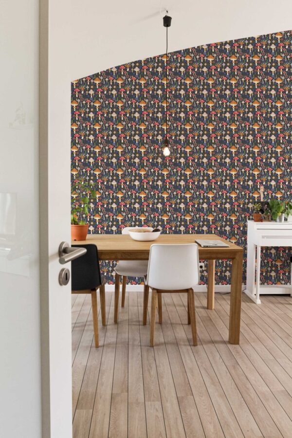 Dining room featuring a bold Scandinavian-inspired mushroom wallpaper with vibrant oranges, yellows, and blues on a deep charcoal background, complemented by minimalist Nordic décor including light wooden flooring, a sleek dining table, and modern pendant lighting for a playful yet refined atmosphere