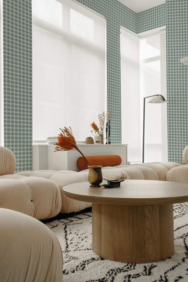 Contemporary style living room decorated with Blue polka dots peel and stick wallpaper