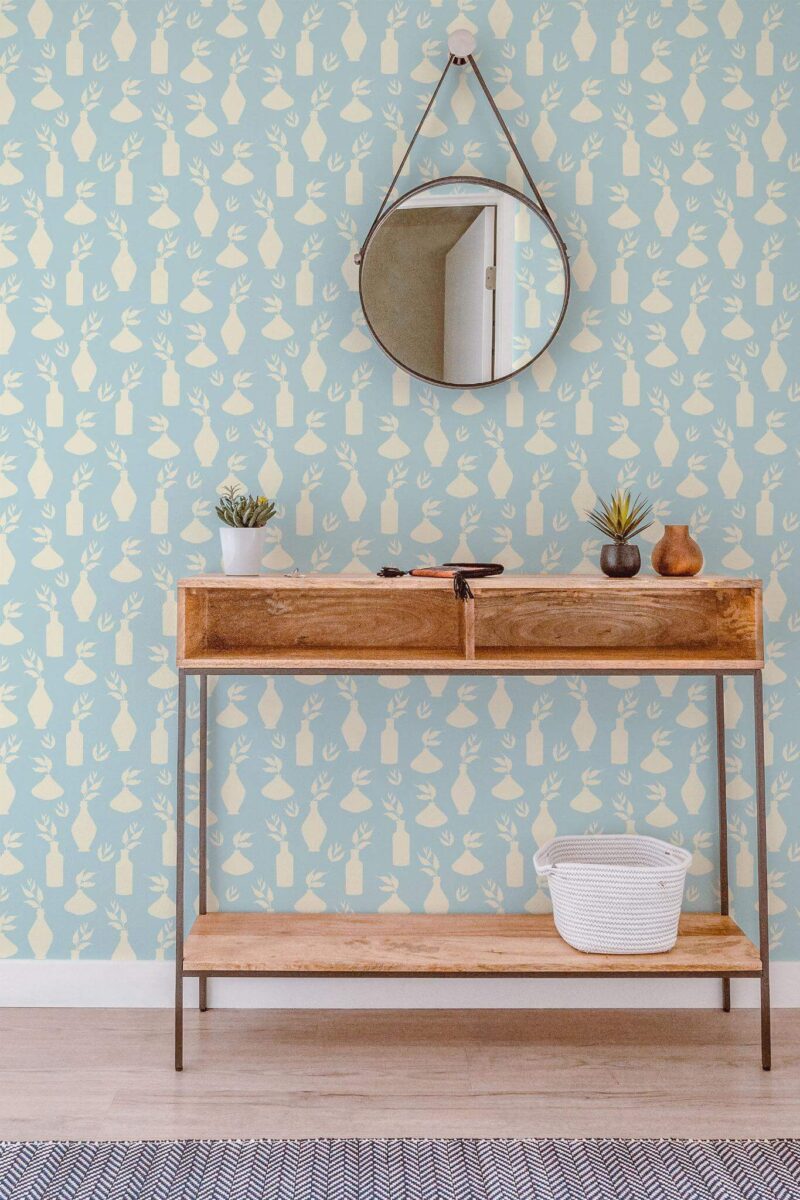 Contemporary style entryway decorated with Blue powder room peel and stick wallpaper