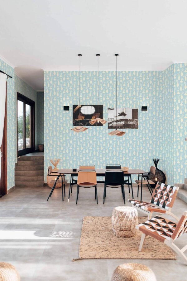 Modern boho style living dining room decorated with Blue powder room peel and stick wallpaper