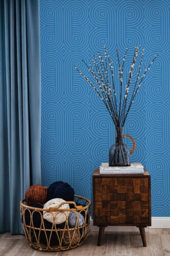 Coastal style living room decorated with Blue retro peel and stick wallpaper