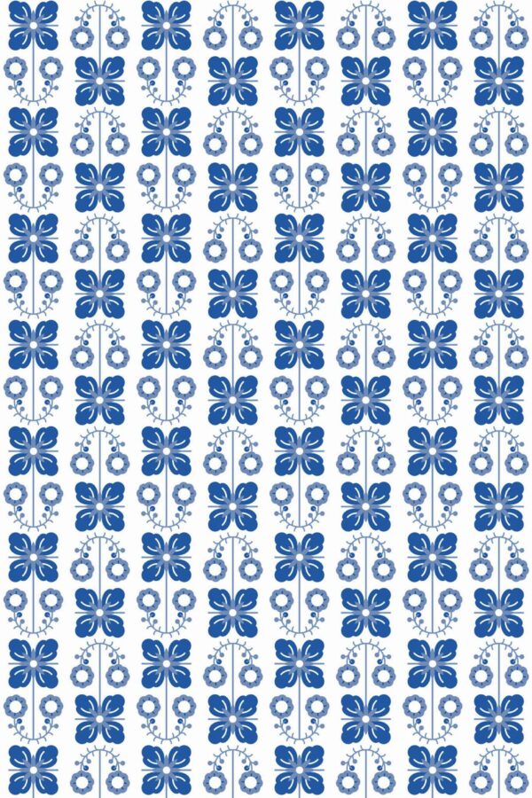 Pattern repeat of Blue Scandinavian floral design removable wallpaper design