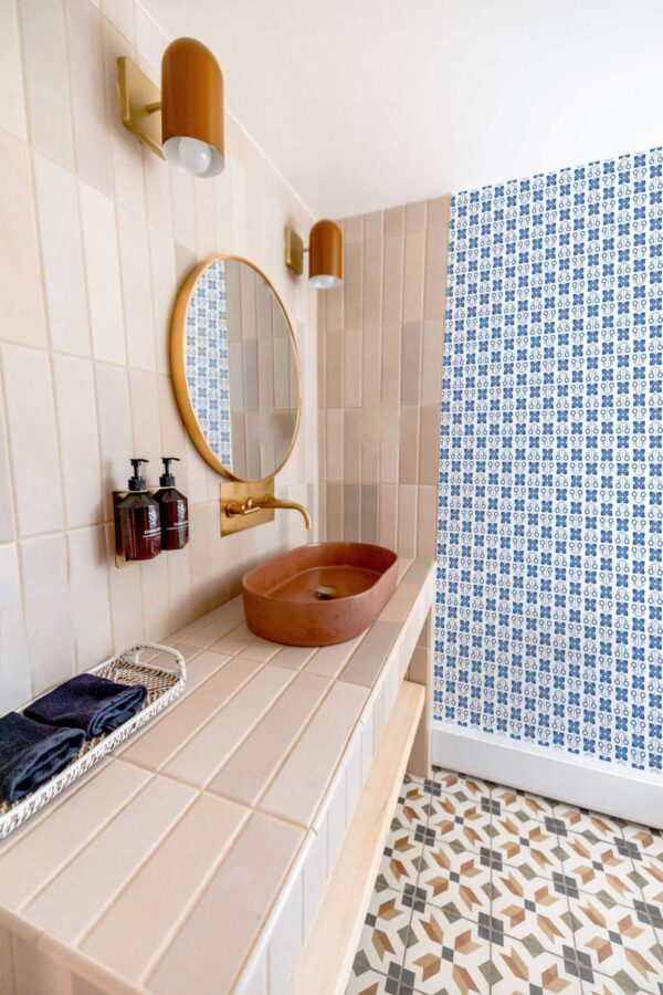 Rustic style bathroom decorated with Blue Scandinavian floral peel and stick wallpaper