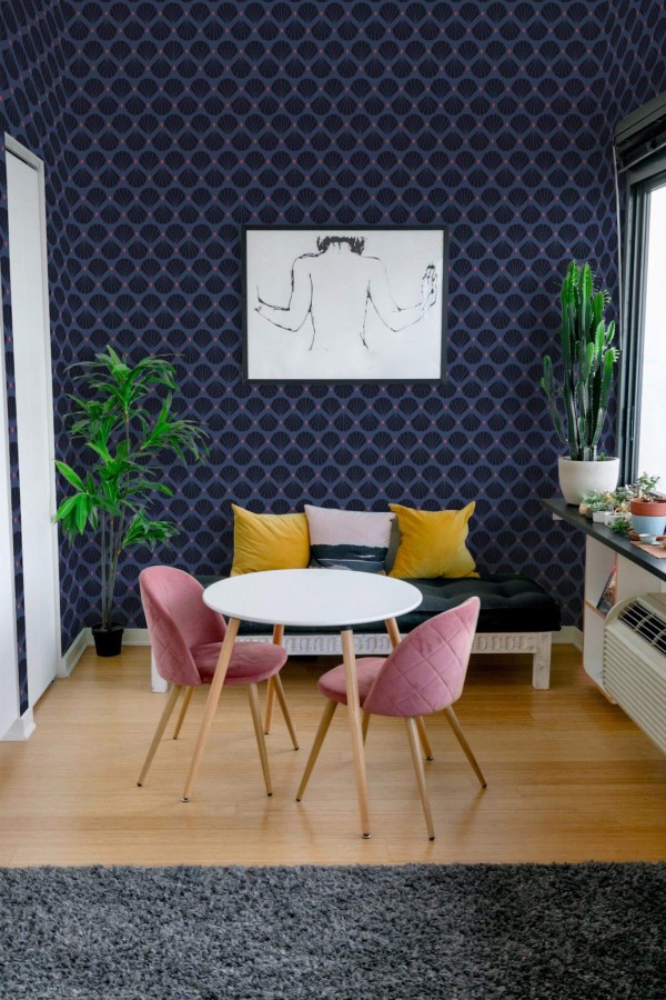 Eclectic style living room decorated with Blue shell retro peel and stick wallpaper