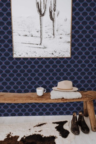 Scandinavian style entryway decorated with Blue shell retro peel and stick wallpaper