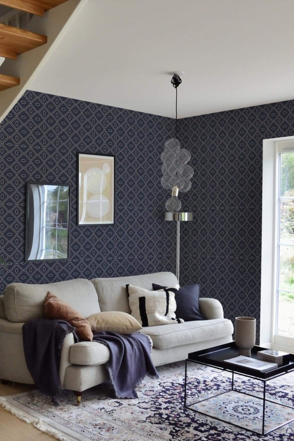 Contemporary style living room and kitchendecorated with Blue simple kitchen peel and stick wallpaper
