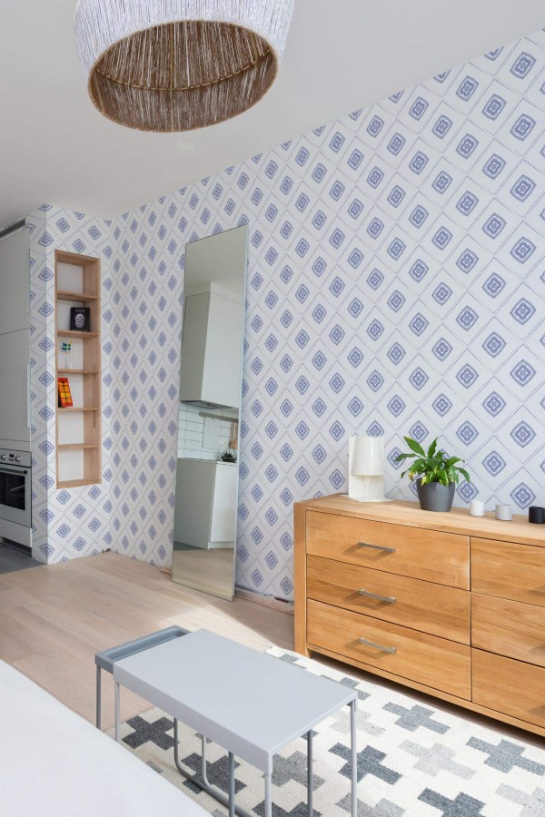 Scandinavian style small apartment decorated with Blue Tile peel and stick wallpaper
