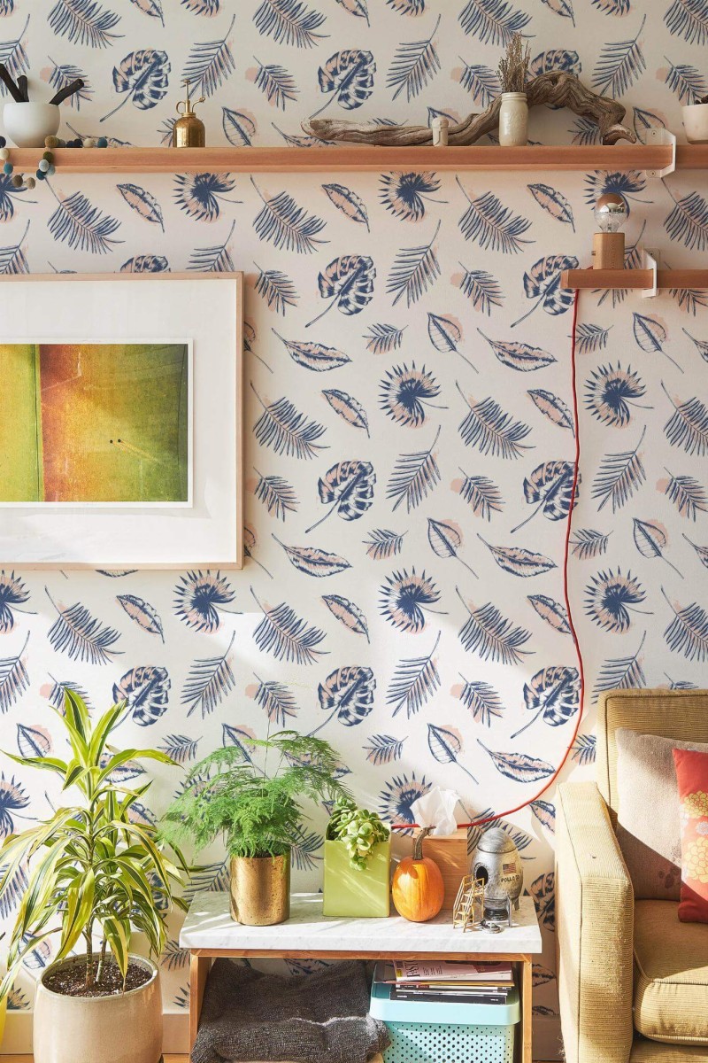 Southwestern style living room decorated with Blue tropical leaf peel and stick wallpaper