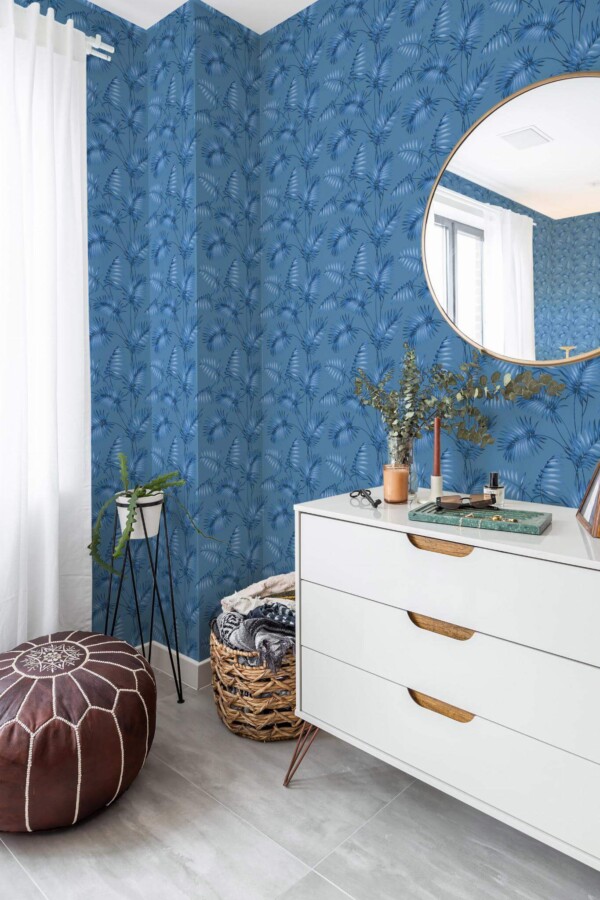 Scandinavian style bedroom decorated with Blue tropical leaves peel and stick wallpaper and Mediterranean accents