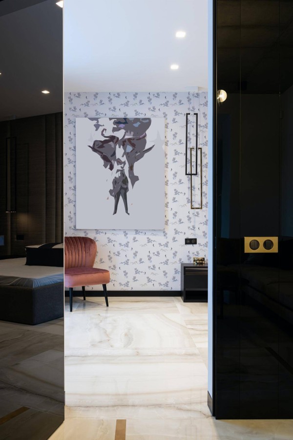 Art deco style bedroom decorated with Blue tropical peel and stick wallpaper
