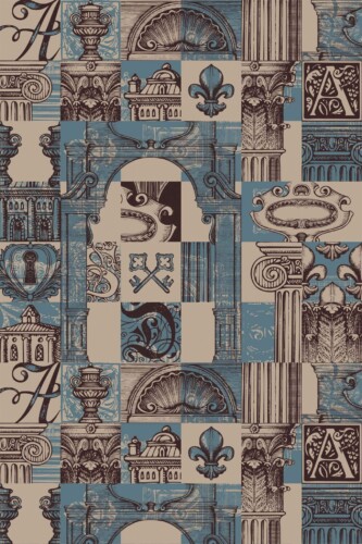 Pattern repeat of Blue vintage architecture removable wallpaper design