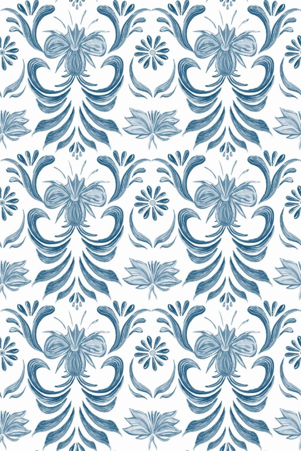 Pattern repeat of Blue vintage floral removable wallpaper design