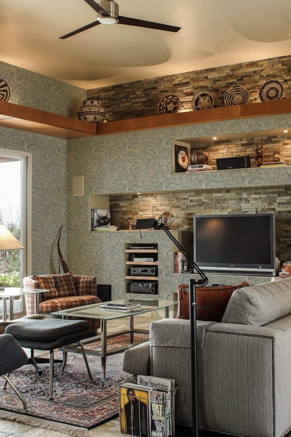 Scandinavian style living room decorated with Blue vintage peel and stick wallpaper and Mediterranean accents