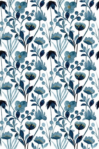 Pattern repeat of Blue watercolor floral removable wallpaper design