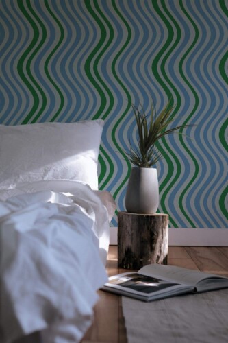 Minimal scandinavian style bedroom decorated with Blue wavy line peel and stick wallpaper