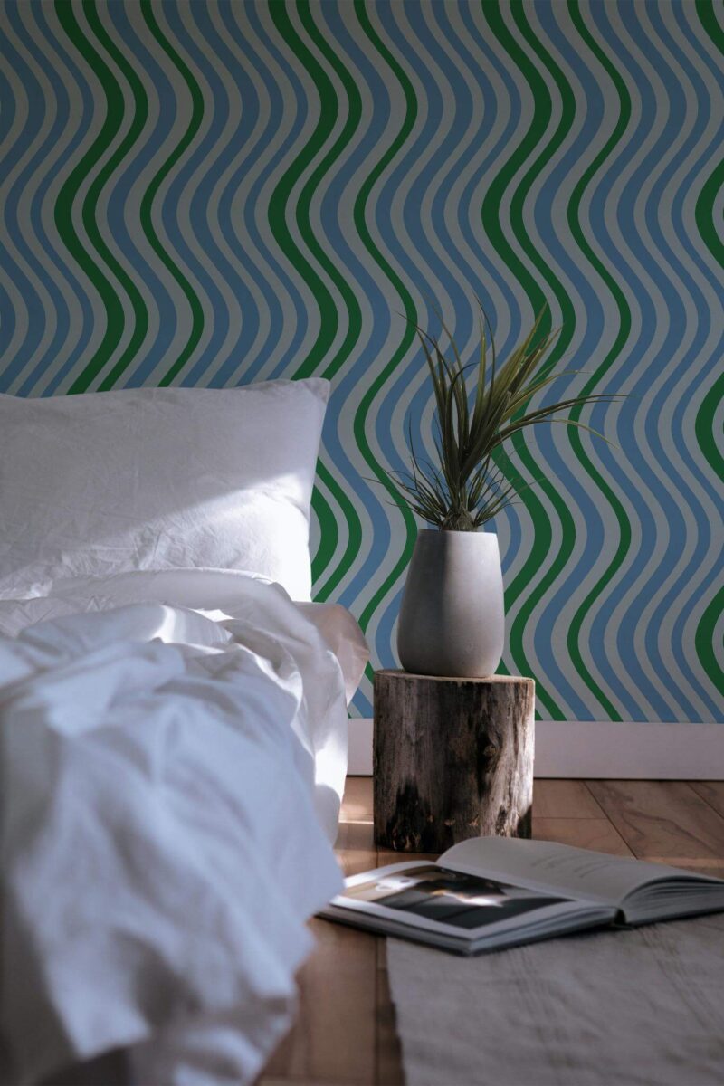 Minimal scandinavian style bedroom decorated with Blue wavy line peel and stick wallpaper