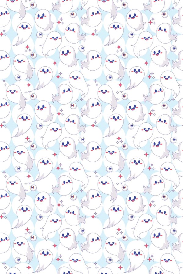 Fancy Walls Blue and white Halloween wallpaper for Kids room walls in Cute Kawaii style peel and stick wallpaper.