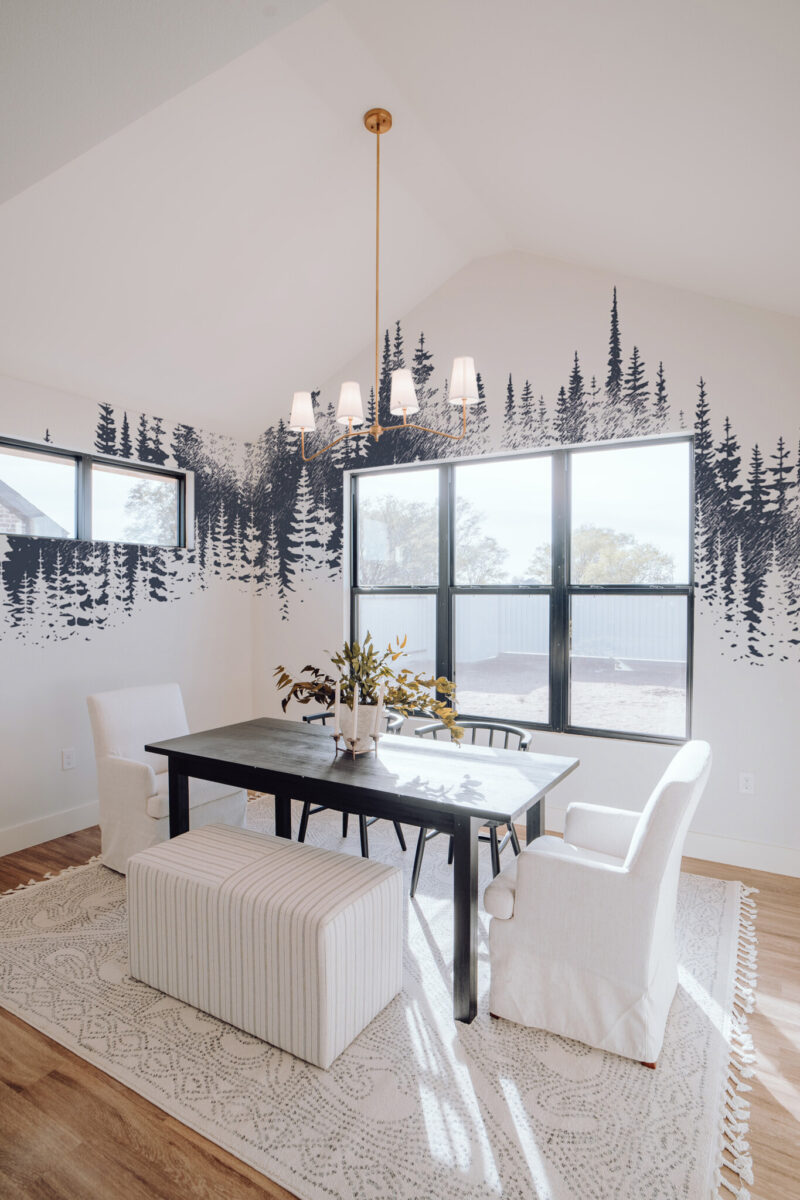 Majestic Spruce Wall Mural with black and dark blue spruce tree silhouettes on a white background, perfect for living rooms, reading corners, or stylish accent walls.