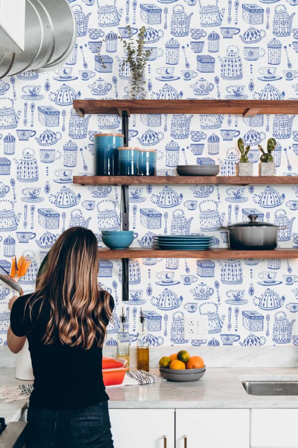 Fancy Walls Blue White Cozy Tea self-adhesive wallpaper
