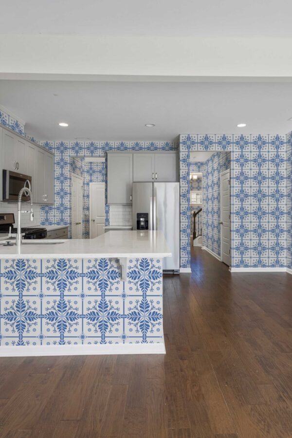 Faux Tile Blue Garden Wallpaper