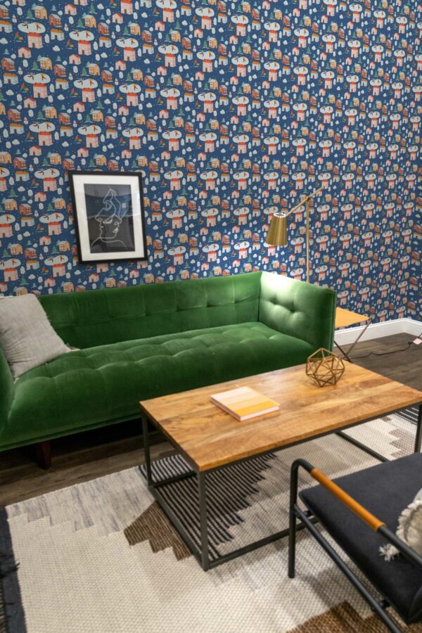 Blue fun self-adhesive wallpaper with winter houses by Fancy Walls