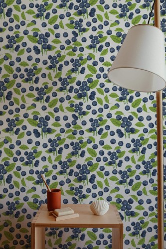 Minimal style bathroom decorated with Blueberry peel and stick wallpaper