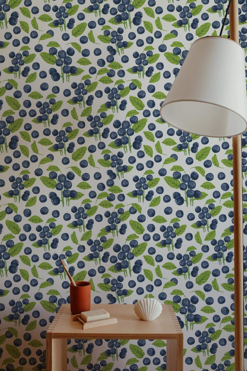 Minimal style bathroom decorated with Blueberry peel and stick wallpaper