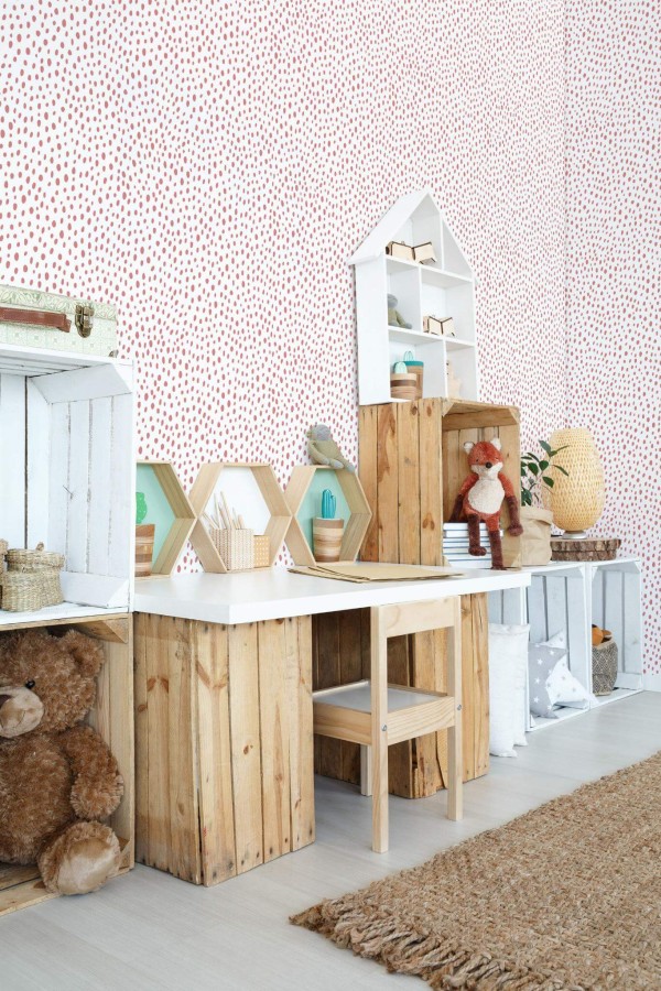 Farmhouse style kids room decorated with Blush dotted peel and stick wallpaper