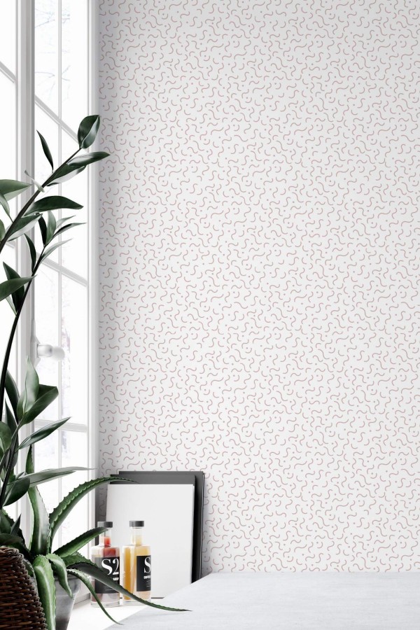 Minimal style home office decorated with Blush memphis pattern peel and stick wallpaper