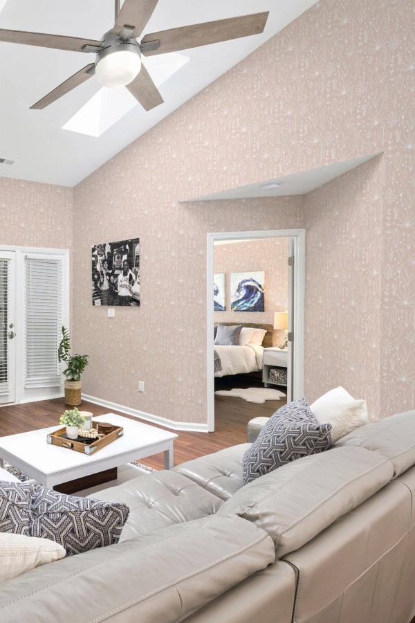 Coastal scandinavian style living room and bedroom decorated with Blush nursery boho peel and stick wallpaper