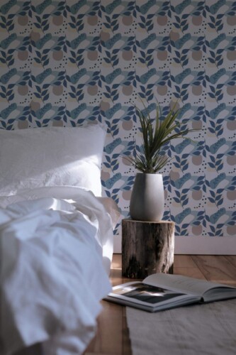 Minimal scandinavian style bedroom decorated with Boho abstract peel and stick wallpaper