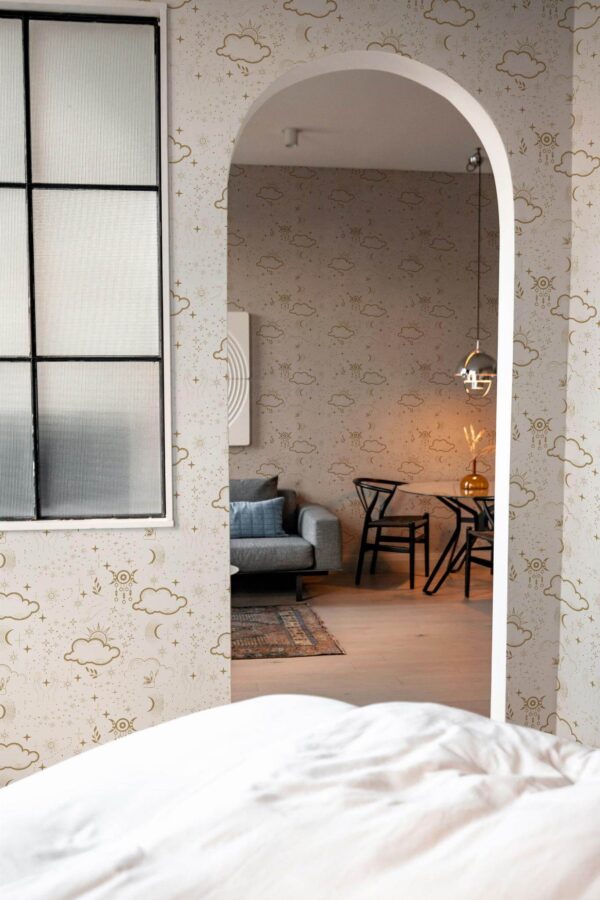 Modern scandinavian style living room decorated with Boho astrology peel and stick wallpaper