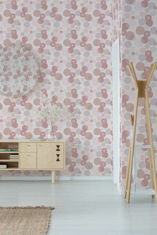 Mirror above stylish wooden cupboard with glass vase and flower on it, modern clothes hanger in the corner of white hall, real photo with copy space Beige Boho Circles self-adhesive by Fancy Walls