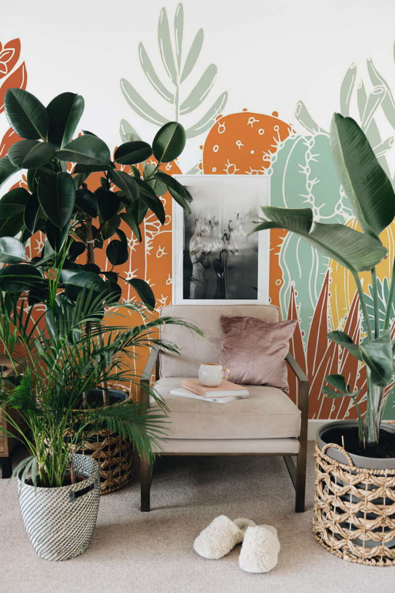 Boho Cactus peel and stick or non-pasted wall mural. Fancy Walls removable self-adhesive or traditional botanical cactus eco-friendly and PVC-free living room mural wallpaper.