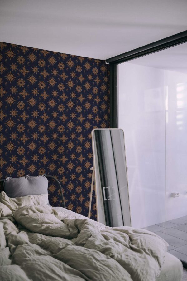 Minimal style bedroom decorated with Boho celestial peel and stick wallpaper