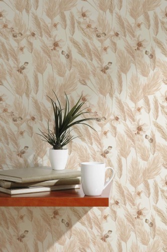 A soft, nature-inspired wall scene featuring the Fancy Walls “Boho Pampas Bloom” wallpaper, designed with a delicate botanical pattern of beige pampas grass, cream orchids, and subtle seed pods. The warm, earthy tones create a calming and elegant backdrop, ideal for minimalist or boho-chic interiors. Styled with a floating wooden shelf, stacked books, a white ceramic mug, and a small potted plant, the setting highlights the wallpaper’s gentle flow and natural elegance. Available as peel and stick or non-pasted wallpaper, this design is PVC-free and printed with GreenGuard Gold certified inks for vivid color and safe indoor air quality.