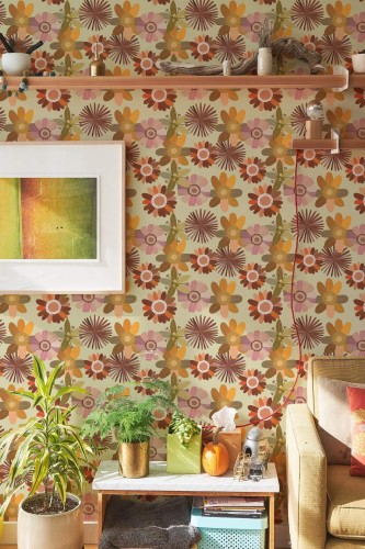Southwestern style living room decorated with Boho floral peel and stick wallpaper