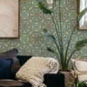 Scandinavian style living room decorated with Boho Mandala peel and stick wallpaper